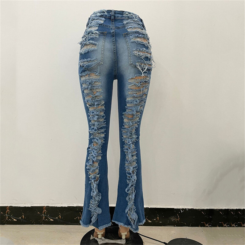 2022 calças de brim sexy das mulheres cintura alta estiramento denim calças lavadas buracos destruídos rasgado denim borla magro flare jeans bell bottoms