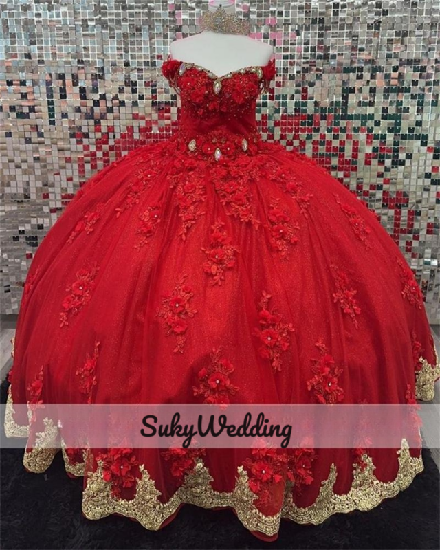 فستان الأميرة الحمراء Quinceanera مع القوس ، زخارف زهور ثلاثية الأبعاد وأحجار الراين ، 16 ثوب كرة حلو ، دانتيل ذهبي ، 15 سنة
