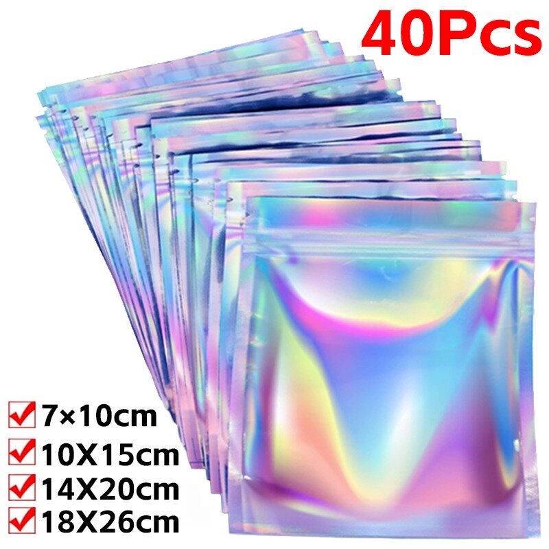 Laser Rainbow Storage Bags, Waterproof Zipper Pouch, Packing Bag Organizer, Jewelry Gifts, Badge, Food, Earphone Cable, 10 Pcs, 20 Pcs, 40Pcs