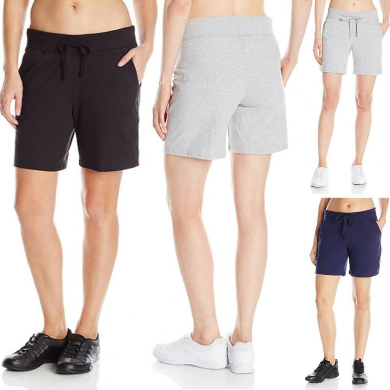 Shorts de bolso frente e verso feminino, bolsos laterais com cintura com cordão para ioga, monocromático, elegante, verão