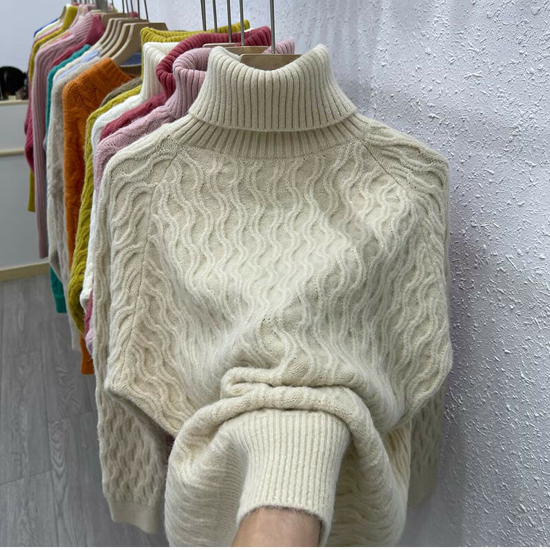 Na co dzień luźna, wysoka kark smażone ciasto skręca elegancki sweter sweter z długim rękawem dla kobiet sweter Mujer 2024 zima D96