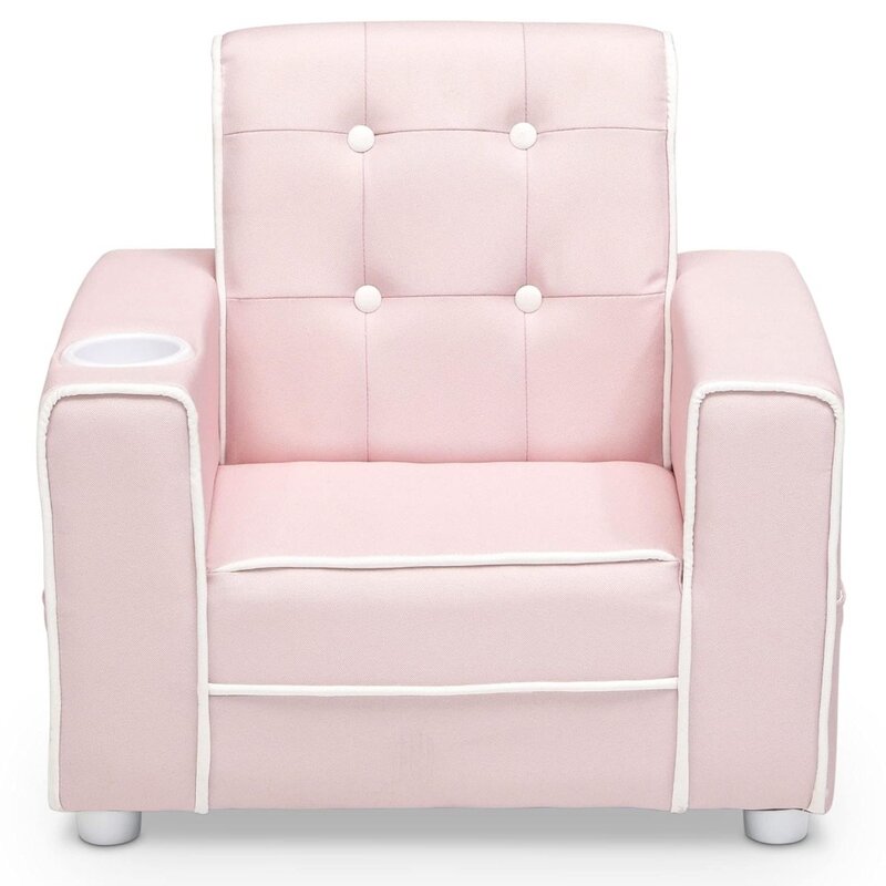 Детское кресло с мягкой обивкой и подстаканником, розового цвета