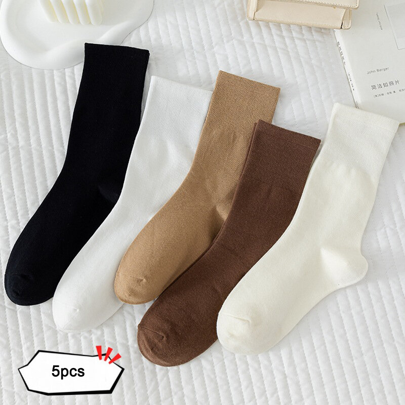 5Pairs Medium Length Socks for Women in Autumn Winter, Sweat-absorbing and Breathable Winter Socks Wholesal, Solid Color Socks