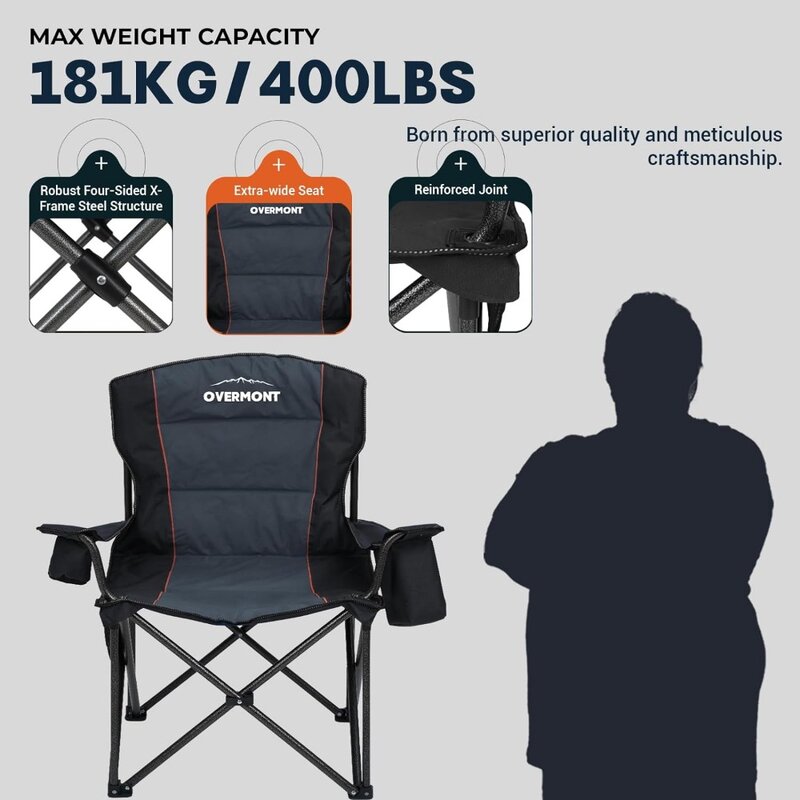 Folding Camping Chair, 2Pack, Support with Padded Cushion Cooler Pockets, Heavy Duty Collapsible Chairs, Camping Chair