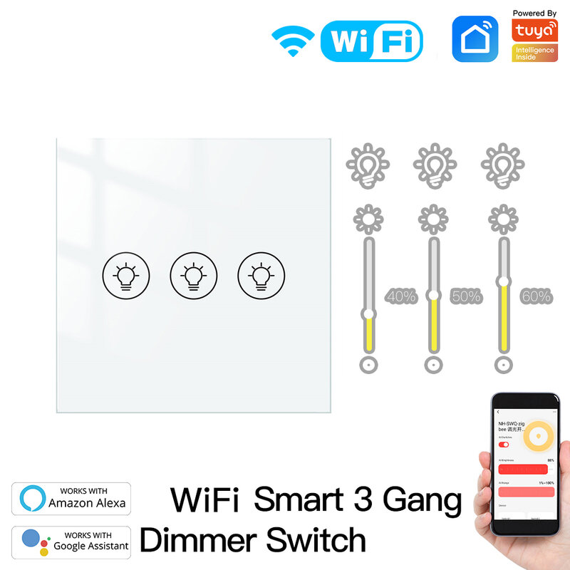 Tuya WiFi Multi-Gang Interruptor Dimmer de Luz Inteligente, 1, 2, 3 Gang, Painel da UE, Smart Life APP, Escurecimento Controle para Alexa, Google Voice