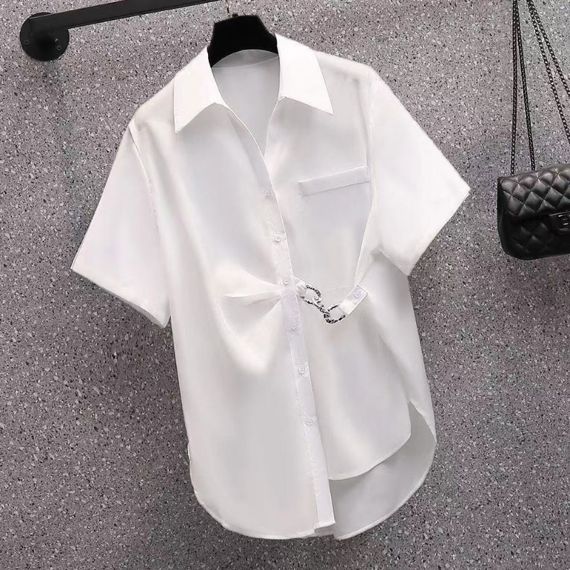 Office Lady Button Loose Blouse Short Sleeve Polo Neck Solid All-match Shirt Tops Street Casual Fashion Women Clothing Summer