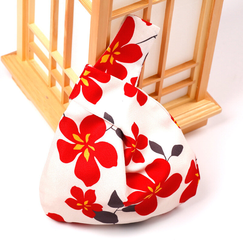 Japońska damska torba na nadgarstek z węzłem, ręcznie robiona torebka w stylu vintage, przenośna, mini, z nadrukiem kwiatów, składana torba na telefon o dużej pojemności