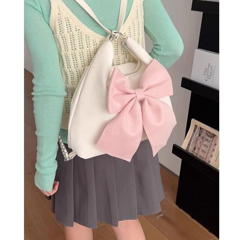 Xiuya กระเป๋าสะพายบ่าผู้หญิงโบว์สีชมพูสไตล์เกาหลี, กระเป๋าเป้สะพายหลังน่ารักความจุมากกระเป๋าหิ้วทรงสี่เหลี่ยมของผู้หญิงใหม่