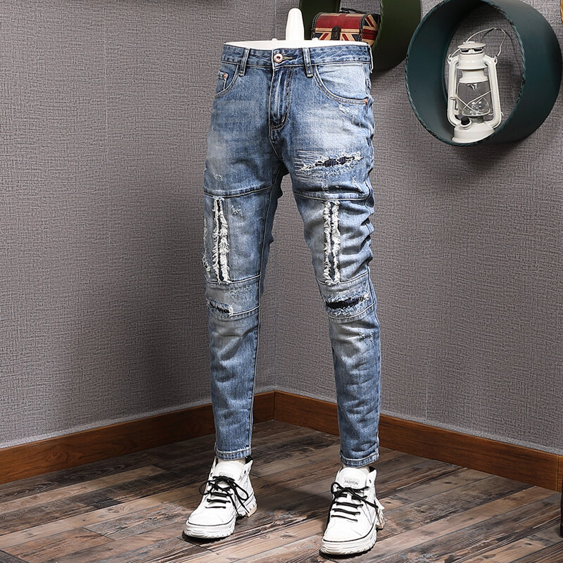 Streetwear Mode Mannen Jeans Retro Blauw Elastische Slim Fit Ripped Biker Jeans Homme Spliced Designer Patch Hip Hop Denim Broek mannen