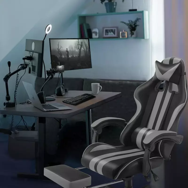 Kursi Gaming abu-abu dengan sandaran kaki, kursi Gaming PC, kursi komputer, kursi e-sports, kursi kantor ergonomis dengan dapat disesuaikan
