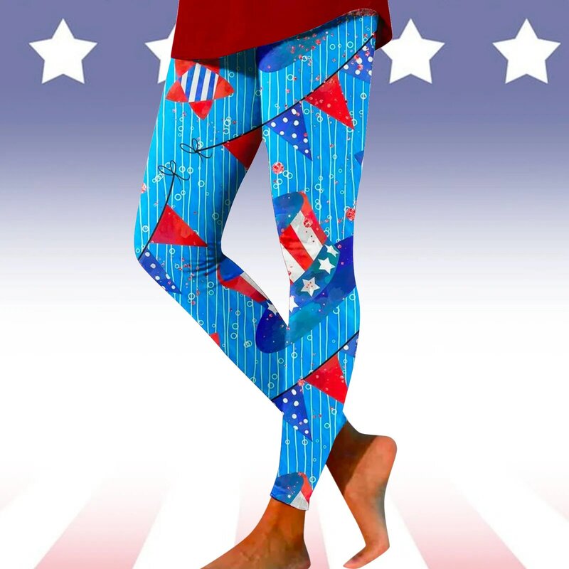 Mulheres com estampa da bandeira americana, caneleiras, calças de ioga, shorts grandes e grandes, esportes