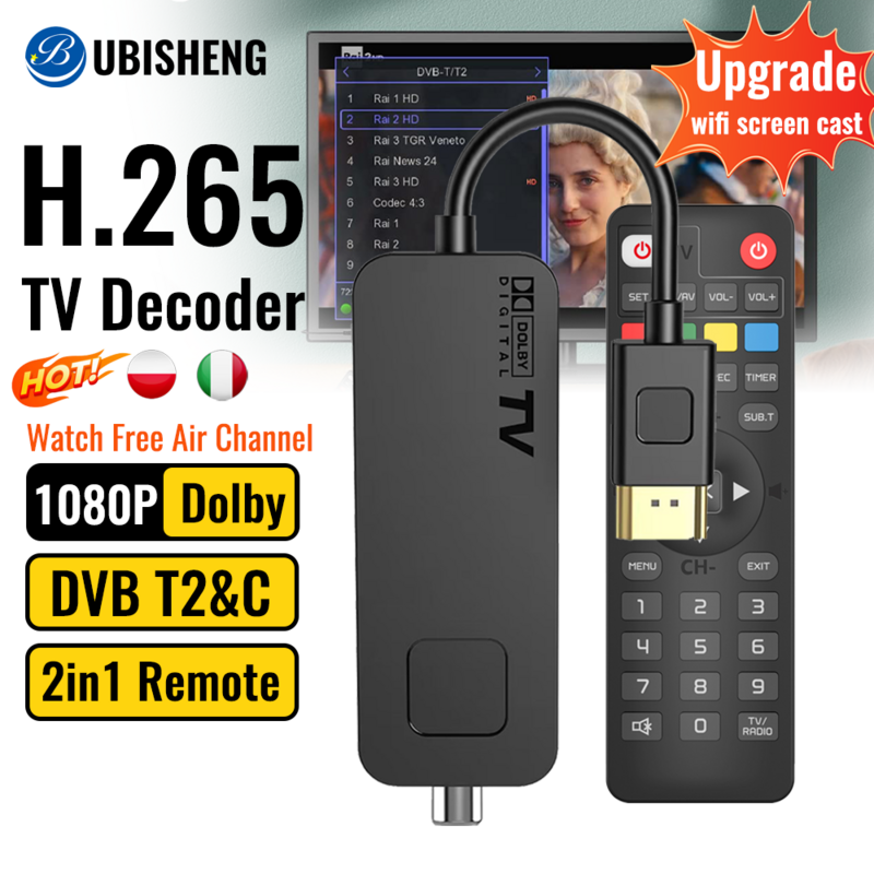 DVB T2 DVB C dekoder telewizja cyfrowa HEVC H.265 Tuner TV UBISHENG U3mini DVBT2 TV Stick FTA T2 TV, pudełko z Dolby dla włochy polska