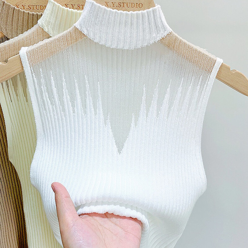 Mesh Knitted Top Women Y2K Tank Top Half Neck Vest Female Sleeveless Sweater Chic Cut Out Streetwear Solid Skinny White Tube Top