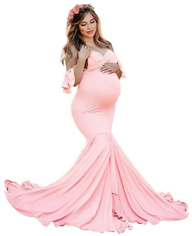Vestido longo gravidez com plissado para mulheres grávidas, gravidez foto prop, bonito vestido de maternidade para festa do chuveiro do bebê, à noite