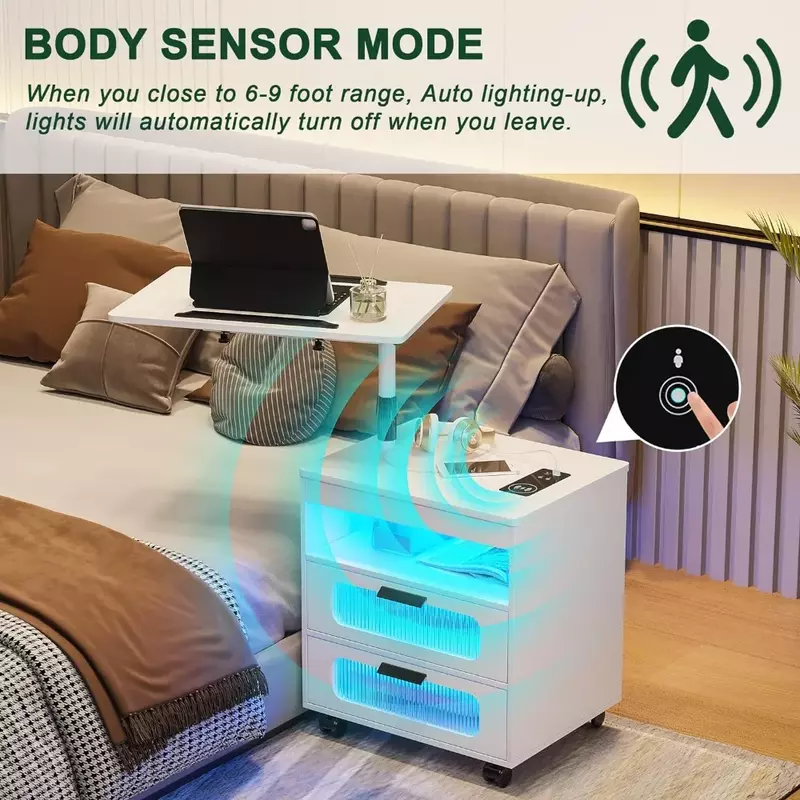 Nightstand Wireless Charging Station,LED Nightstand Adjustable Rotary,Smart Night Stand 2,Bedside Table,Sensor Light/Wheel White