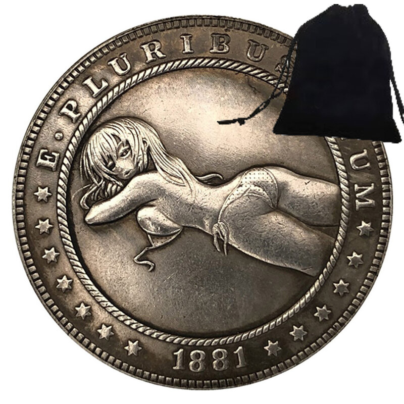 Monedas de pareja de arte 3D de lujo Sexy Liberty Girl, monedas de bolsillo divertidas, moneda de decisión conmemorativa, moneda de la suerte + bolsa de regalo