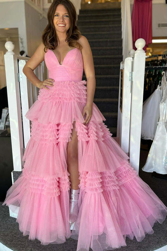 Gaun Prom Spaghetti kerah V wanita, gaun pesta malam Tulle berlipat panjang berlapis, gaun pesta kontes celah tinggi punggung terbuka