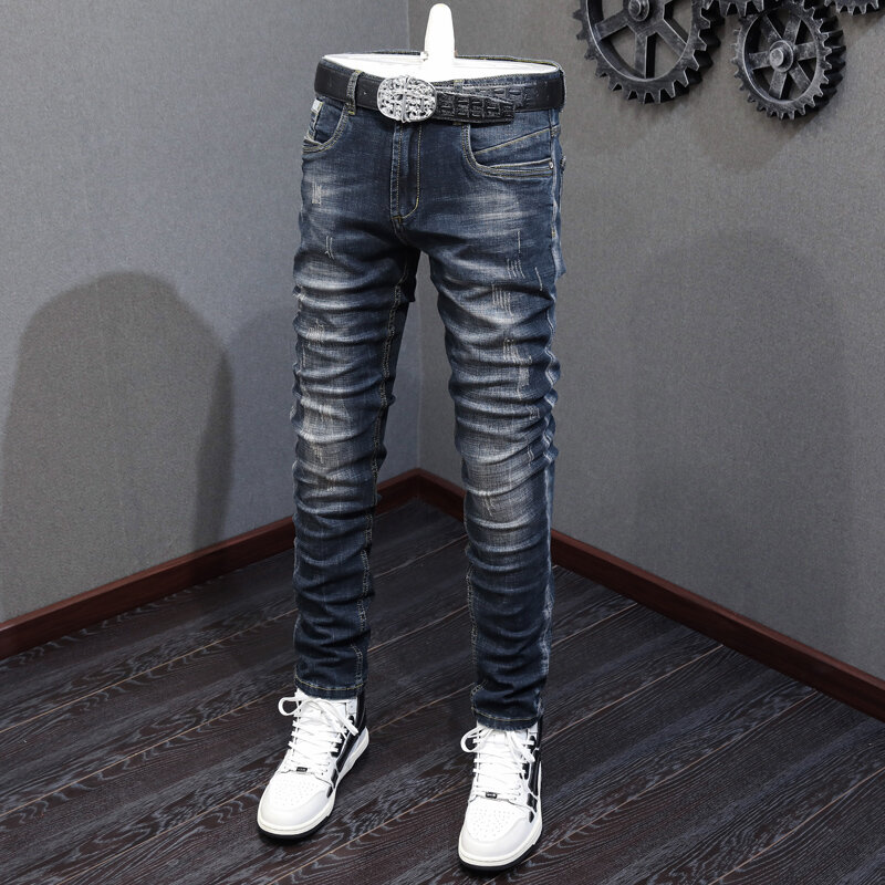 Estilo italiano Moda Masculina Jeans de Alta Qualidade Retro Preto Azul Elástico Slim Fit Rasgado Jeans Men Vintage Designer Calças Hombre
