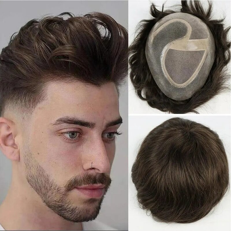 Human Hair Men Toupee Wigs Mono Lace With Clear Poly Around Hair Piece For Men Systems Size 10x8 Inch 3# Dark Brown Hair Piece