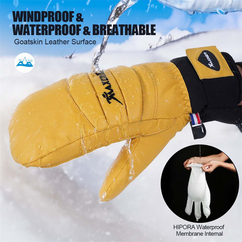 MAXDEER sarung tangan Ski pria wanita, sarung tangan Ski papan salju tahan air, sarung tangan kulit kambing musim dingin