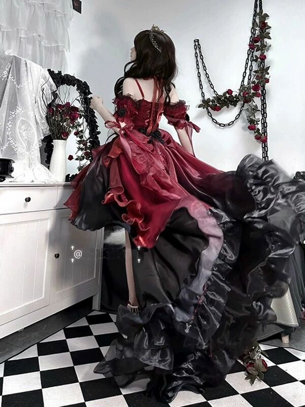 赤いバラのよだれかけの赤いドレス,ハロウィーンの服,不規則な裾,プリンセスドレス