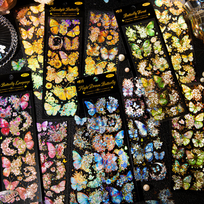 Pegatina de Mascota de material retro creativo, paquete de mensaje, Serie de mariposas de ensueño de flores, 12 paquetes por lote
