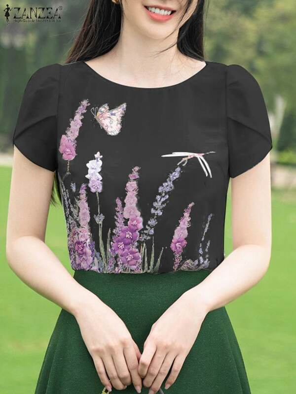 ZANZEA Casual Loose Holiday Tops 2024 Summer Floral Print Blouse Korean Women Puff Short Sleeve Shirts Fashion Round Neck Tunic