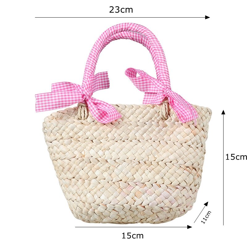 Korean Style Children's Handbag Straw Woven Handmade Beach Bag Kids Girls' Small Basket With Bowknot Holiday Outting Bags