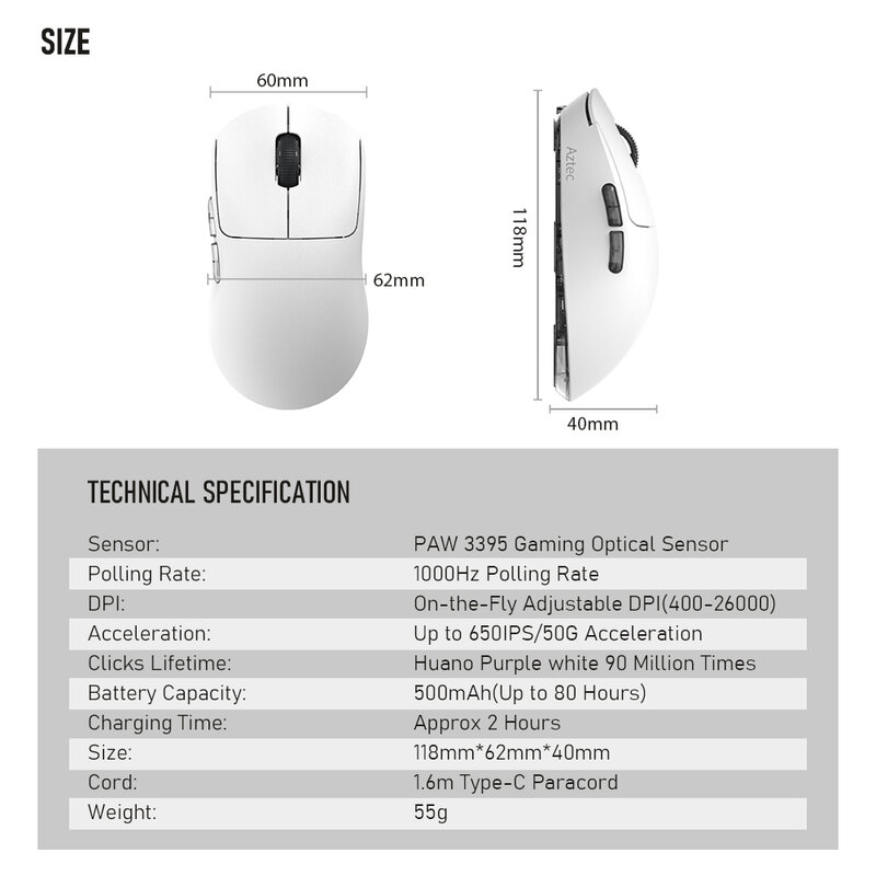 Kysona-ratón inalámbrico azteca PAW3395 para juegos, Mouse óptico ultraligero de 55g, 26000DPI, 6 botones, 90 millones, para ordenador portátil y PC