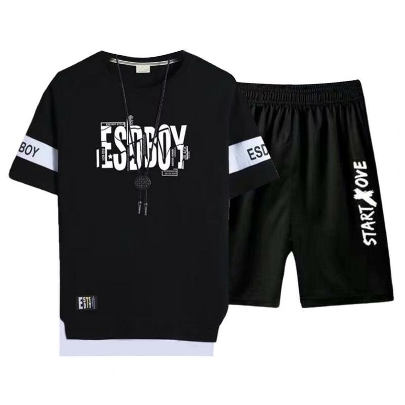 Men T-shirt Shorts Set Sports Suit Men's Sport Outfit Set with O-neck Short Sleeve Tee Shirt Elastic Waist Shorts Letter Print