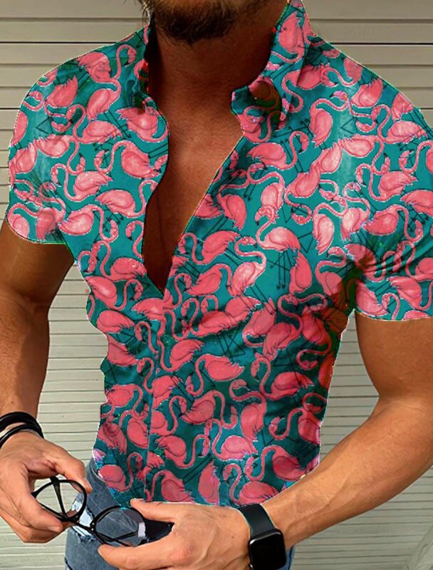 قميص فلامنغو رجالي مطبوع ، قميص ألوها ، طباعة ثلاثية الأبعاد ، كاجوال خارجي ، أكمام قصيرة ، ملابس مصمم ، هاراجو