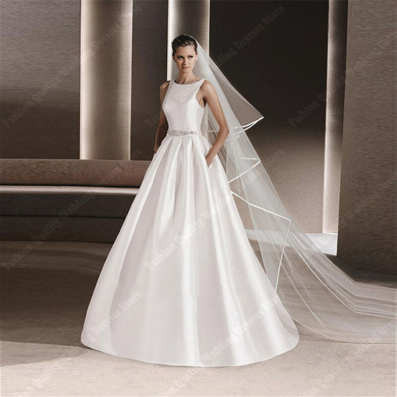 Soft Square Neck Women Satin Wedding Dress For Bride Elegant Sleeveless A Line Bridal Gowns Long Train Wedding Party Gowns 2024