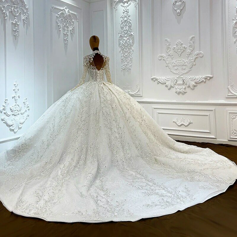 スパンコールのウェディングドレス,花嫁のための結婚式の衣装,ホルター,オーガンザチャペル,完全な袖,国際的なフラッシュセール,lscj01,2024