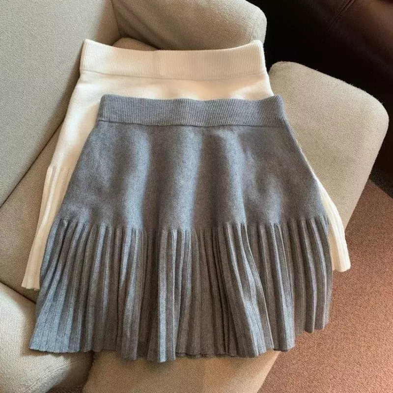 Plisowana spódnica damska zimowa spódnica z wysokim stanem o linii a spódnica z dzianiny styl Preppy odzież damska