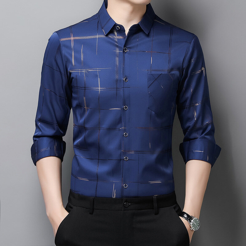 Camisas de vestir de Argyle para hombre, camisa de negocios ajustada de manga larga de alta calidad, cuello vuelto, rayas, prefabricadas, nuevo