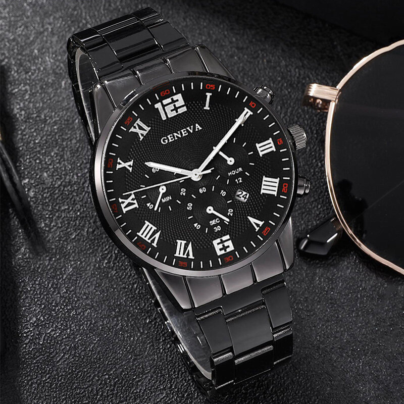 Ensemble de montres à quartz en acier inoxydable pour hommes, bracelet noir, collier décontracté, calendrier d'affaires, mode, 3 pièces