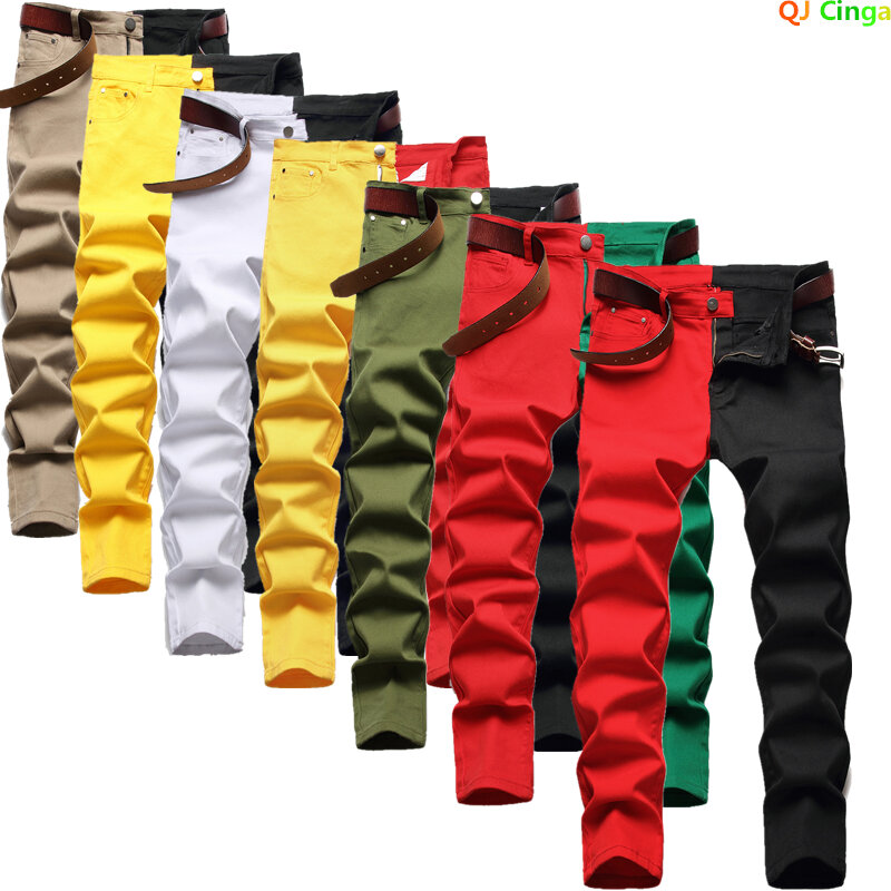 Duas Cores Emendadas Em Jeans Masculina Moda Casual Calças e Shorts Vermelho Verde Amarelo Denim Calças 28-38