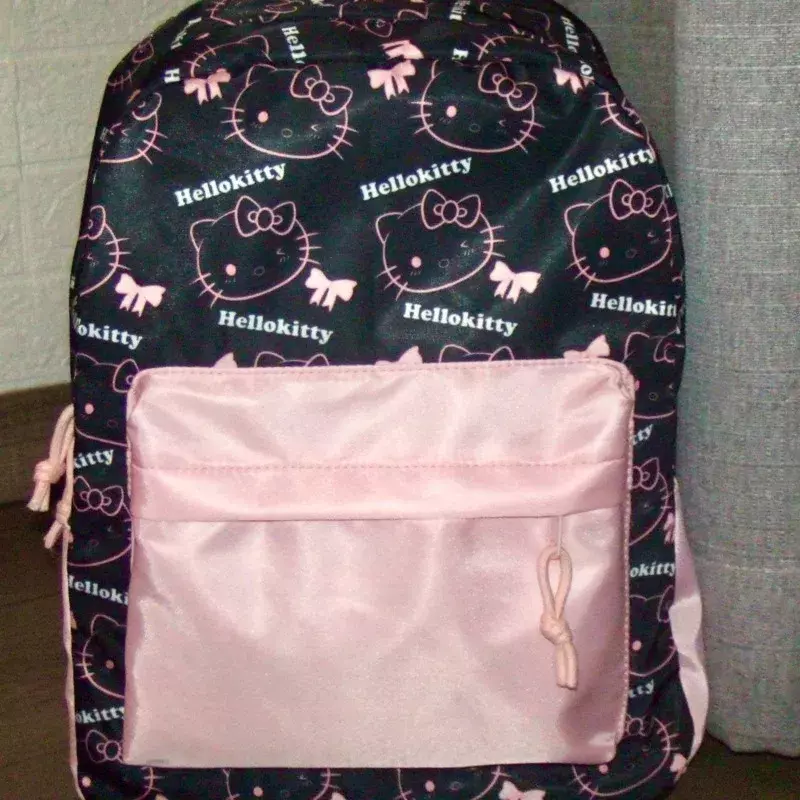 Sanrio tas punggung motif Hello Kitty, tas sekolah kapasitas besar warna hitam dan merah muda kontras Y2k gaya Korea lucu baru