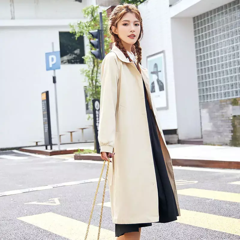 Mode Korea Musim Gugur dan Musim Dingin Kerah Sabuk Mantel Jaket Wanita 2022 Baru Menengah Panjang Tunggal Breasted Sabuk Ramping Jaket