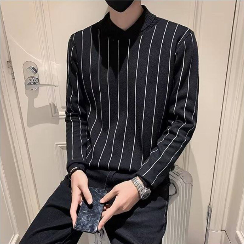 Senior Men's Ins Fashion Long Sleeve Knit Base 2023 Fall/winter New Men's Striped Sweater Men's Brand Casual Slim-fit Pullovers