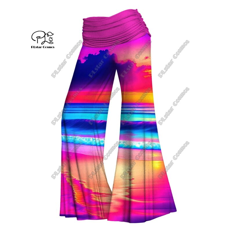 Celana gambar 3D Wanita pemandangan pasir hisap warna-warni celana kaki lebar pinggang elastis lipat J-4 seri gradien kasual