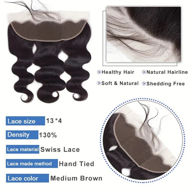 Extensiones de cabello humano ondulado para mujer, mechones con malla Frontal transparente de 13x4, 3 unidades, brasileño