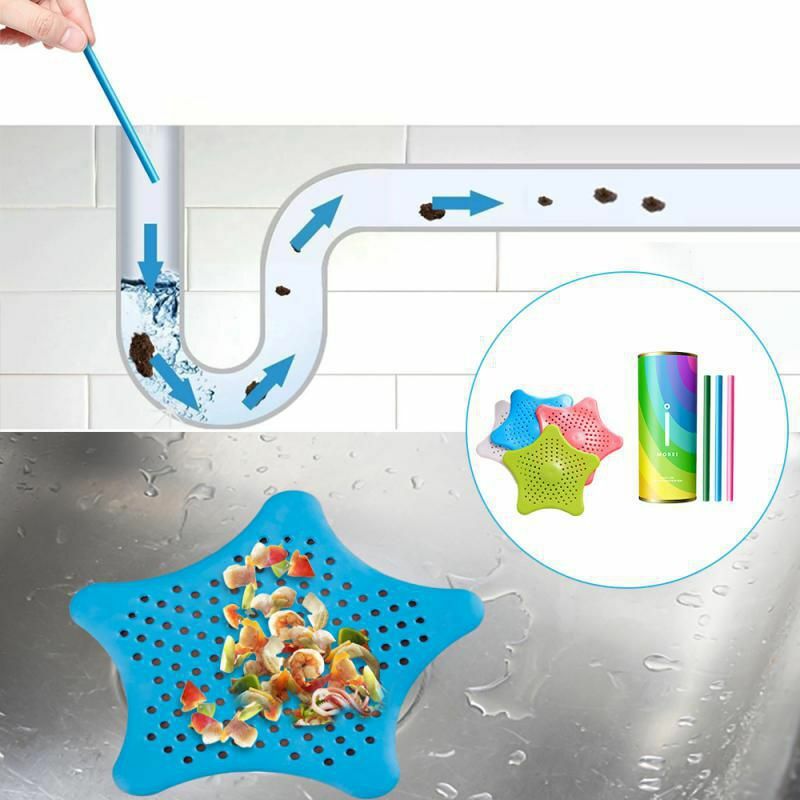 5 Color Five-pointed Star PVC Sink Filter Bathroom Kitchen Sewer Filter Bath Shower Cover Drain Strainer Hair Stopper Clean Rod