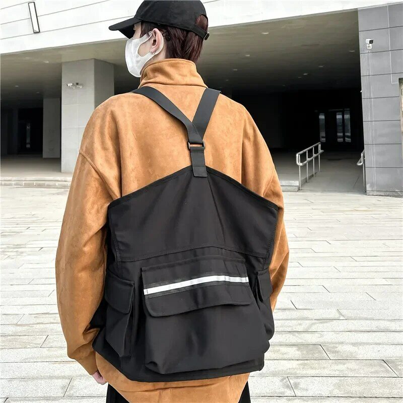 Reflective Streetwear Men Hip-Hop Chest Bag Anti theft Tactical Vest Bags Trendy Style Rectangle Casual Travel Backpack Black