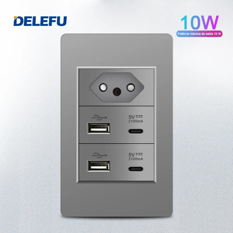 DELEFU Ognioodporny Panel PC 10A 20A 118mm Szybkie ładowanie USB typu c Brazylia Standardowe gniazda Wtyczka Biały Szary Czarny Gniazdo ścienne Przełącznik