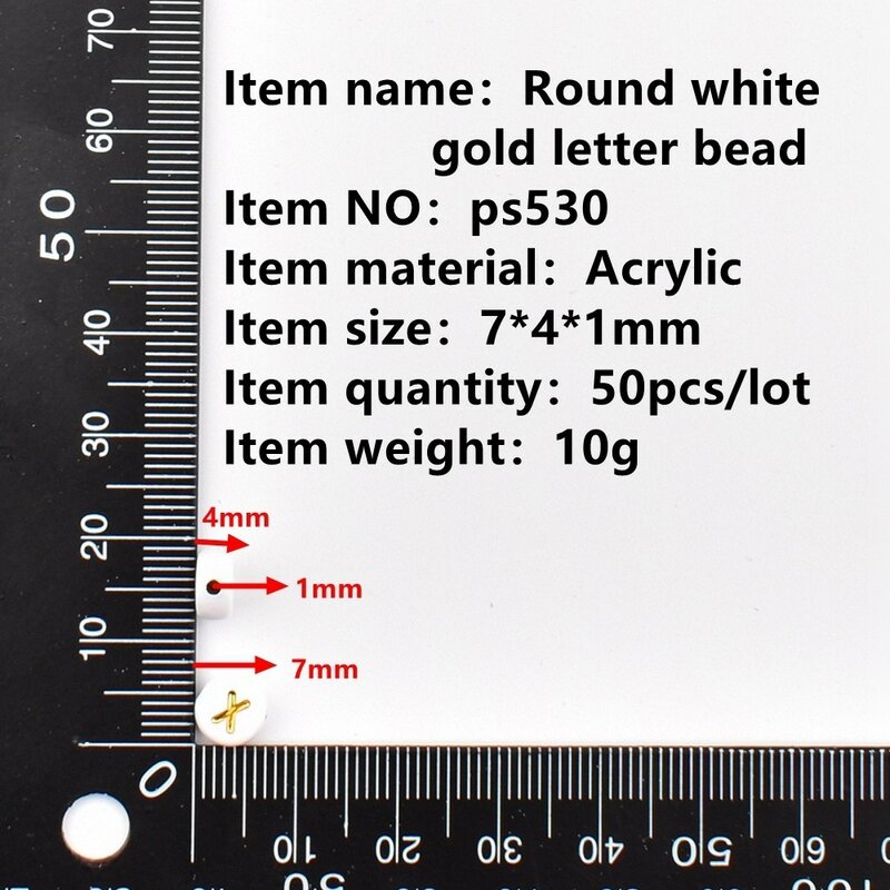 Lote de 50 cuentas de letras acrílicas, abalorios redondos de oro blanco para fabricación de joyas, 7x4x1mm
