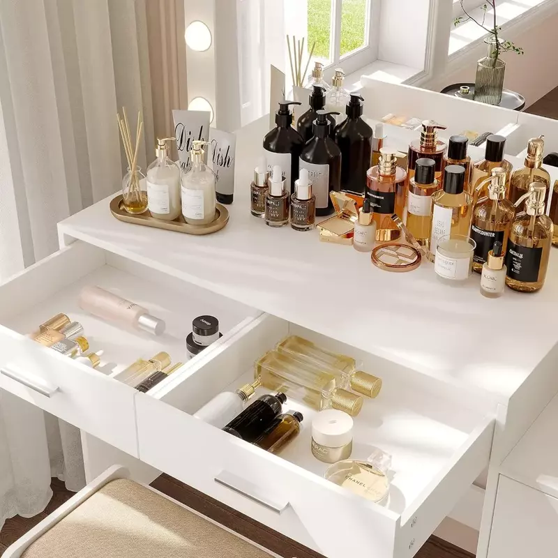 Table de maquillage blanche pour femme, meuble de chambre à coucher, vanité avec miroir 4.2, commode, 11 lumières LED, 46.7 po, RSZT106W