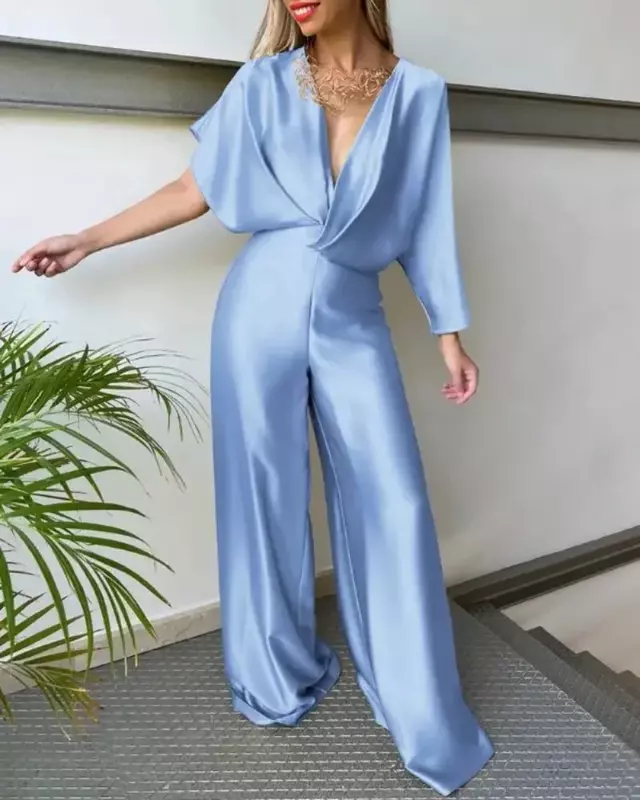 2024 New Women's Solid Color Jumpsuit Spring Summer Adult Female V-neck Sexy Short Sleeves High Waist One-piece Suits OFE12