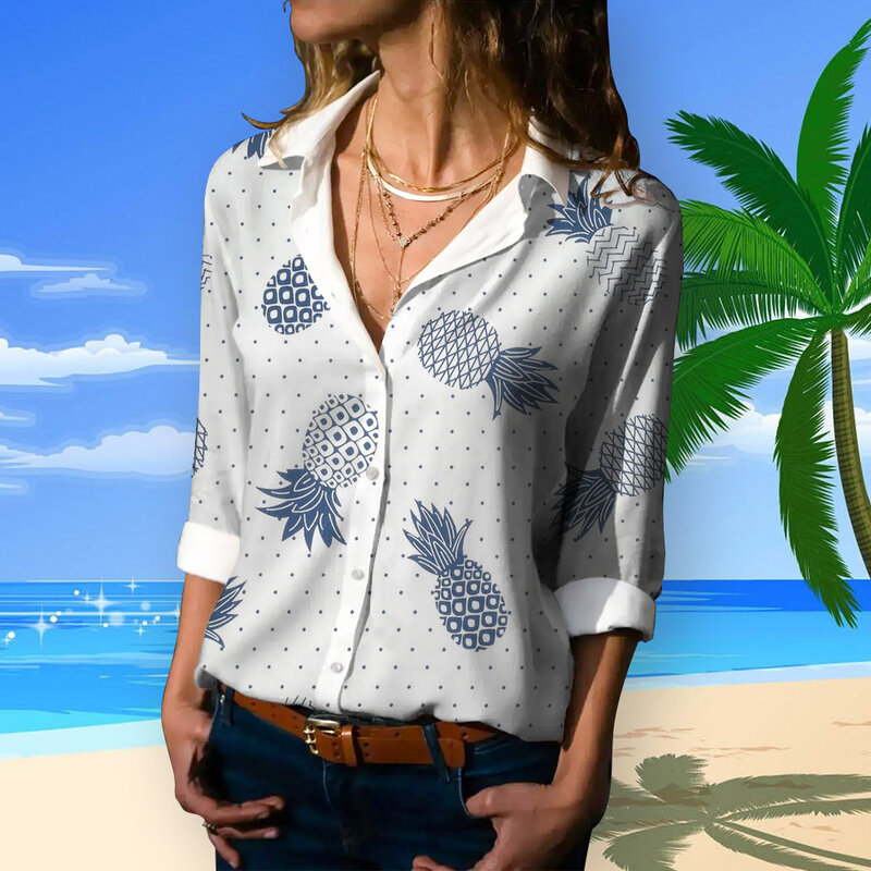 3D Ananas Gedrukt Nieuwe Lange Mouw Tops Trendy Streetwear Zomer Knoop Shirts Vintage Hawaiiaanse Stijl Revers Shirts Voor Vrouwelijke