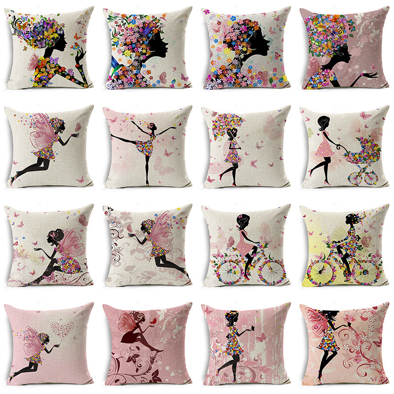 Fairy & Flower Linen Cushion Cover 45x45cm Linen Decorative Pillow Cover Sofa Bed Pillow Case